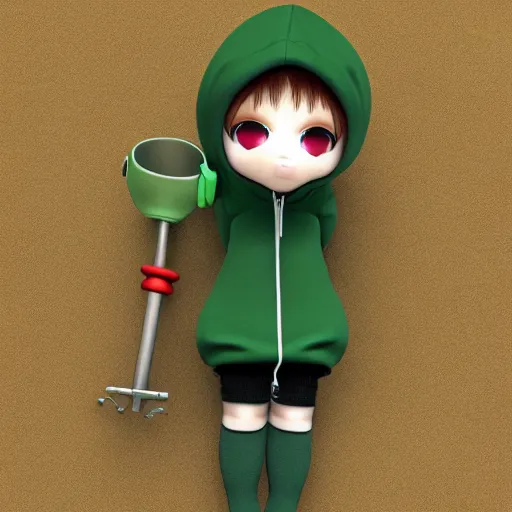 Image similar to cute fumo plush of a girl in a green hoodie with a giant wrench, vray