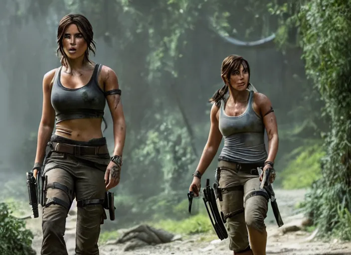 Image similar to film still of!!!! chloe bennett!!! as lara croft in new tomb raider movie, 8 k