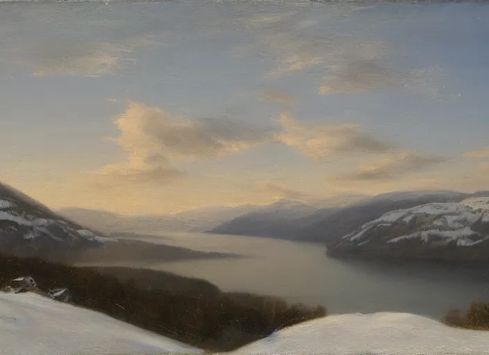 Prompt: norwegian fjords in winter in the style of hudson river school of art, oil on canvas