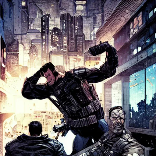 Prompt: the punisher punching bruce wayne, centered in the frame, cyberpunk concept art by Jean Giraud and josan gonzales, digital art, highly detailed, intricate, sci-fi, sharp focus, Trending on Artstation HQ, deviantart, 4K UHD image