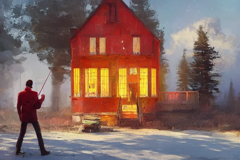 Prompt: a man in red playing the violin next to a yellow lightinghouse, the sun is shining and the ocean is blue, Painting, Fine Art, Unreal Engine, Ismail Inceoglu, Ivan Shishkin