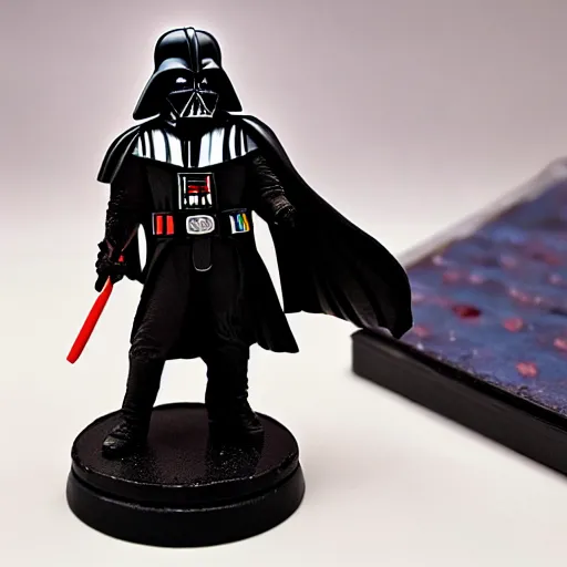 Prompt: large Darth Vader holding a paintbrush which diligently paints miniature figures of a space marine from Warhammer 40,000 at a table with a bright lamp, realism, depth of field, focus on darth vader,