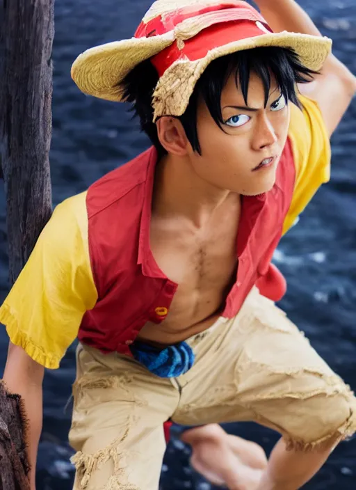 Image similar to A full portrait photo of real-life luffy one piece, f/22, 35mm, 2700K, lighting, perfect faces.