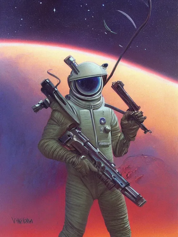 Prompt: a painting of a spaceman holding a rifle, concept art by michael whelan, tim white and vincent di fate, featured on deviantart, space art, concept art, sci - fi, cosmic horror