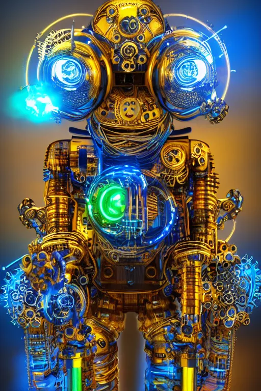 Image similar to photo of a giant huge golden and blue metal steampunk robothead covered with multicolored tubes and gears, eyes are glowing red lightbulbs, arms are made of guitars, shiny crisp finish, 3 d render, 8 k, insaneley detailed, fluorescent colors, background is multicolored lasershow