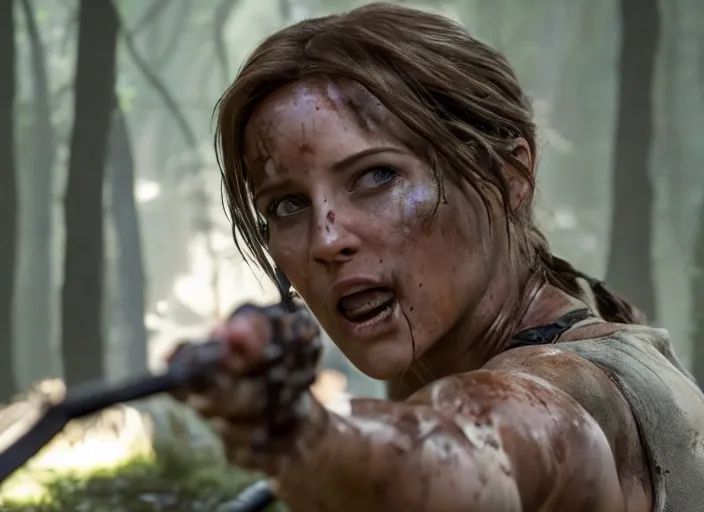 Image similar to film still of!!!! daisy edgar jones!!! as lara croft in new tomb raider movie, 8 k