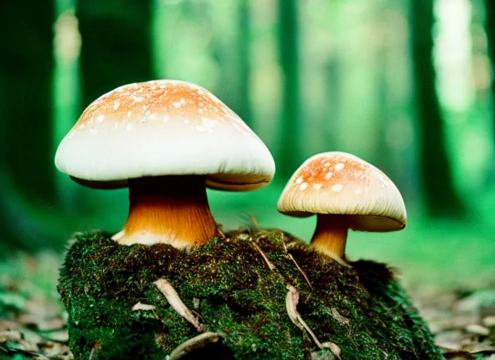 Prompt: a cute creature sitting next to a mushroom, cinestill 8 0 0 t 3 5 mm, high quality, heavy grain, high detail, panoramic, ultra wide lens, cinematic light, dramatic light, anamorphic