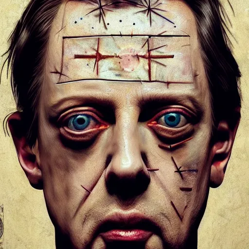 Image similar to hyperrealistic mixed media high resolution painting of (Steve Buscemi) !!Hellraiser!!, stunning 3d render inspired art by Jamie Salmon and István Sándorfi and Greg Rutkowski, perfect facial symmetry, dim volumetric lighting, 8k octane beautifully detailed render, full body shot, post-processing, extremely hyper-detailed, intricate, epic composition, highly detailed attributes, highly detailed atmosphere, cinematic lighting, masterpiece, trending on artstation, very very detailed, masterpiece, stunning, flawless completion, lifelike texture, perfection,