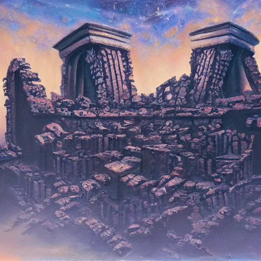 Prompt: lovecraftian temple ruins in space, oil painting