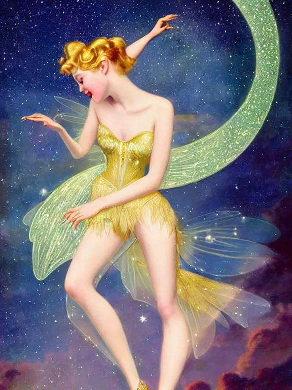 Prompt: elle fanning as tinkerbell glowing, a beautiful art nouveau portrait by Gil elvgren and Hajime Sorayama, moonlit starry sky environment, centered composition, defined features, golden ratio, gold jewlery, photorealistic professionals lighting, cinematic, sheer