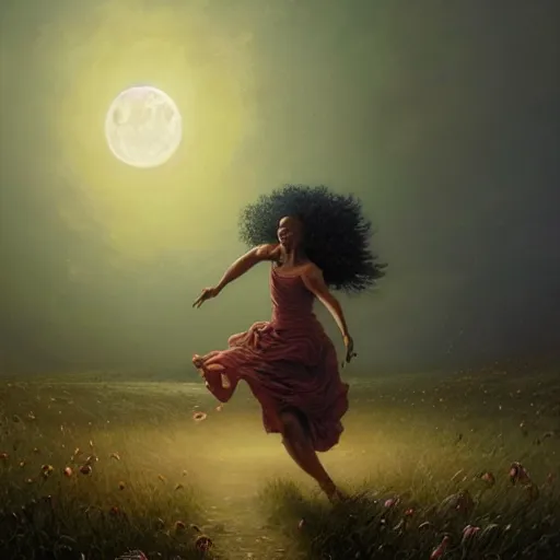 Image similar to a highly detailed portrait of a black woman chasing her dreams through a field of nightmares, a hyperrealistic high renaissance painting by gustave dore, unreal engine, dark fantasy art by greg rutkowski, loish, rhads, ferdinand knab, makoto shinkai and lois van baarle, ilya kuvshinov, radiant lighting, moon light.