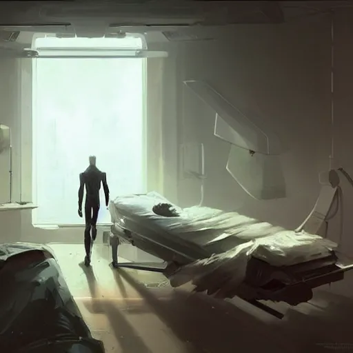 Image similar to concept art by greg rutkowski, very tall and slender young man waking up in a hospital bed, futuristic and high - tech setting but desolate and dimly lit, scifi, highly detailed portrait, digital painting, artstation, concept art, smooth, sharp foccus ilustration, artstation hq