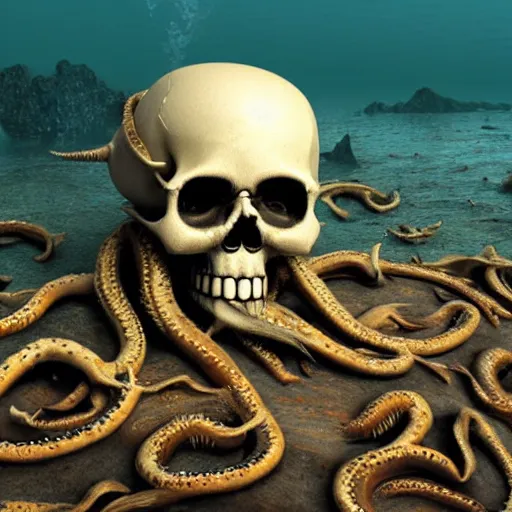 Image similar to skull of a pirate with tentacles protruding out at the bottom of the ocean old european map