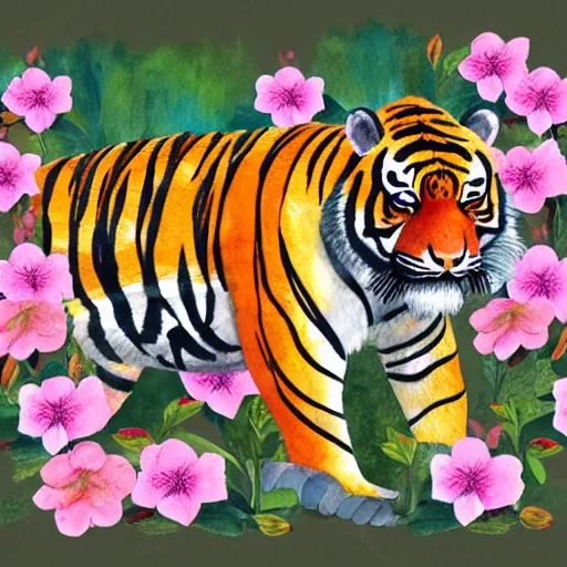 Prompt: a beautiful watercolor painting of a tiger made of flowers, digital art, detailed, 4k