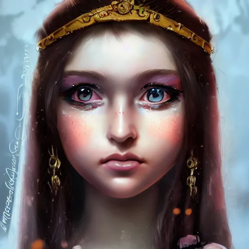 Prompt: ilyana vyulnika as a young princess in the dark, crying eyes, tears, leaked mascara, lipgloss, portrait, closeup, cute freckles, gloss effects, and exaggerated proportions, digital art by julia razumova and mel milton, trending on artstation, 4 k high quality