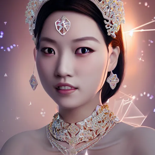 Image similar to portrait of wonderful asian princess of white diamonds with fair skin, white flowers, ornate with white diamonds, 8 k, gorgeous, intricate, detailed, glowing white accent lighting, dramatic lighting, octane render