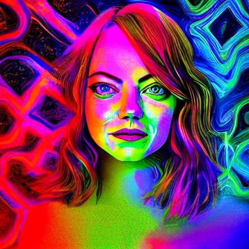 Image similar to surreal Emma Stone covered in chromatic distortions standing in mysterious place, beautiful, psychedelic, lsd, trending on artstation, artwork by Hughes, Edward Robert