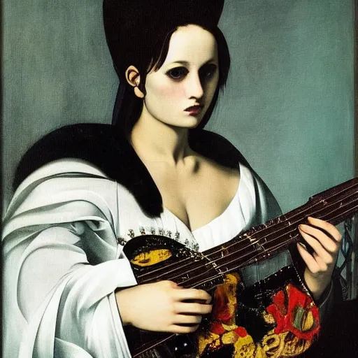 Prompt: Goth girl playing electric guitar by Mario Testino, oil painting by Caravaggio and Tintoretto