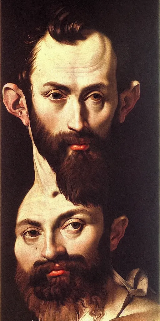 Image similar to midle-aged gigachad with thick eyebrows, short brown hair and short beard, very detailed, smooth, realistic, painted by Caravaggio, painted by Buguereau