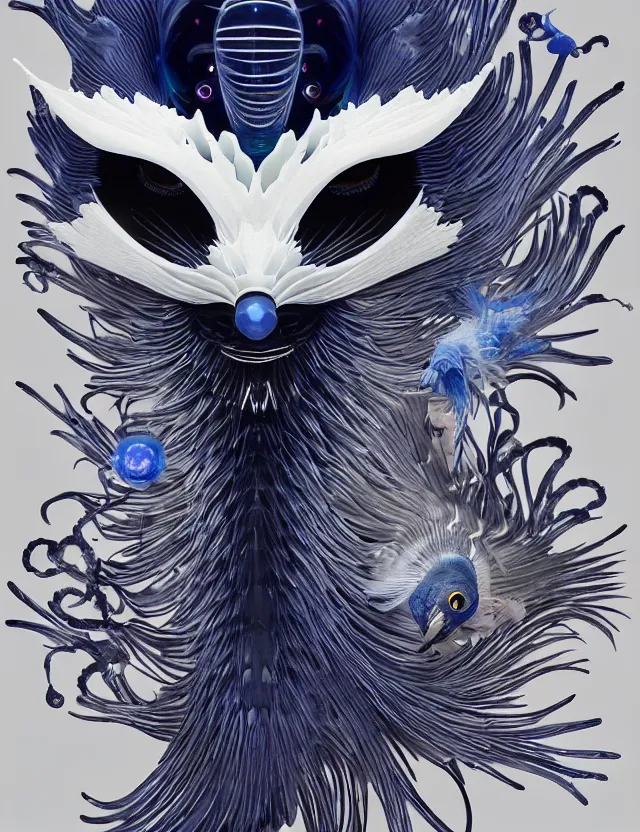 Image similar to 3 d eye of god. beautiful intricately detailed japanese crow kitsune mask and clasical japanese kimono. betta fish, jellyfish phoenix, bio luminescent, plasma, ice, water, wind, creature, artwork by tooth wu and wlop and beeple and greg rutkowski