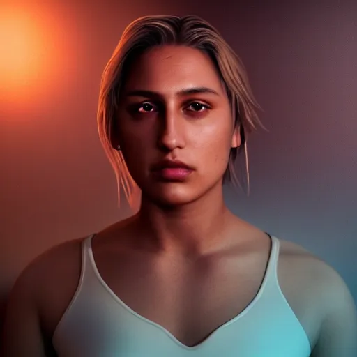 Image similar to Rhea Ripley, cinematic lighting, beautiful, elegant, oil painting, cinematic, portrait, Raphaelite, headroom, headshot photograph, 8K, trending on artstation, volumetric light, lightrays, smoke, cinematic, atmospheric, octane render, Flickr, filmic, CryEngine