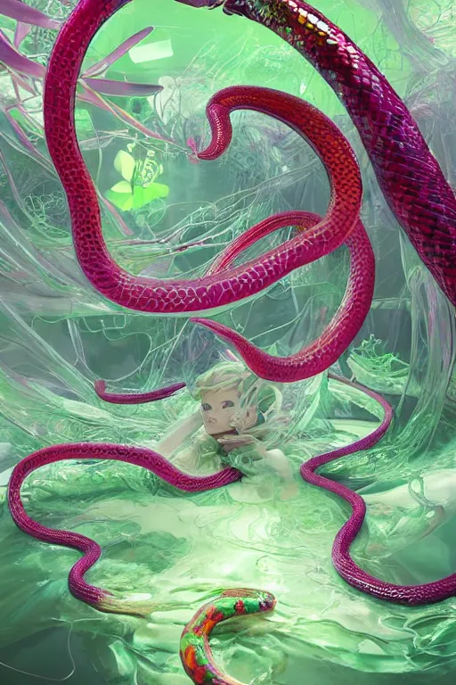 Prompt: epic 3 d oxumare, liquid hands and feet spinning, 2 0 mm, with green and pink vines melting smoothly into asymmetrical snakes and rainbows, liquid, delicate, intricate, houdini sidefx, trending on artstation, by jeremy mann and ilya kuvshinov, jamie hewlett and ayami kojima