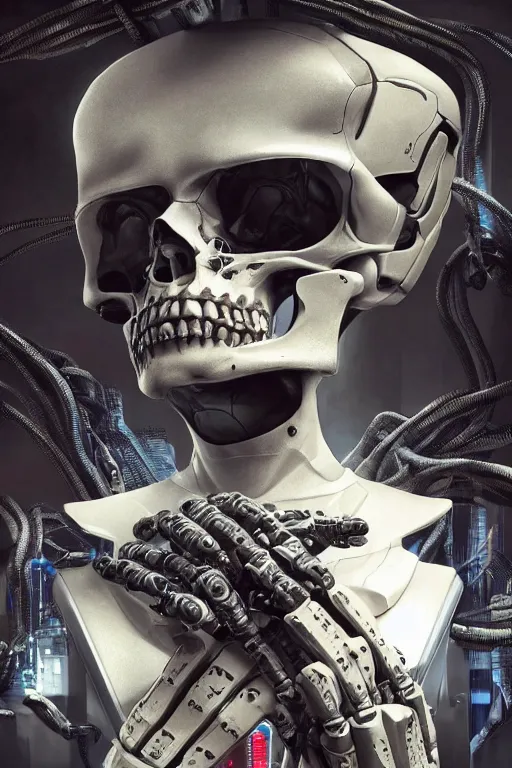 Prompt: Ultra realistic illustration of a robot sitting holding a human skull!!!!!!!, cyberpunk, sci-fi, fantasy, intricate, elegant, highly detailed, digital painting, artstation, concept art, smooth, 8k octane render, extremely hyperdetailed, intricate complexity, sharp focus, illustration, art by artgerm and greg rutkowski and blizzard studios