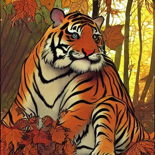 Image similar to a highly detailed cartoon tiger waving a leaf fan, autumn leaves on the ground, concise lines, ultradetailed environment, sharp focus, cinematic lighting, by alphonse maria mucha and kim jung gi