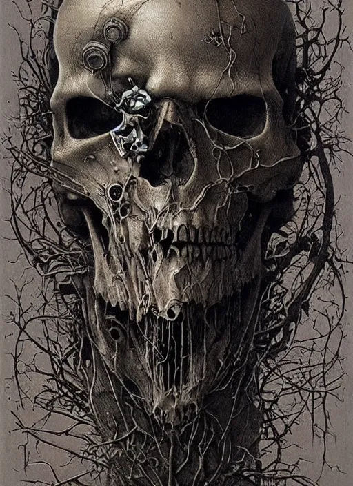 Image similar to cyberpunk skull, ivy, death, intricate detail by zdislaw beksinski