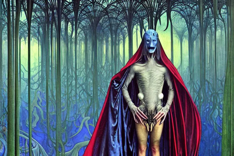 Image similar to realistic extremely detailed portrait painting of an elegantly creepy vampire man in a cape, futuristic sci-fi forest on background by Jean Delville, Amano, Yves Tanguy, Alphonse Mucha, Ernst Haeckel, Edward Robert Hughes, Roger Dean, rich moody colours, blue eyes