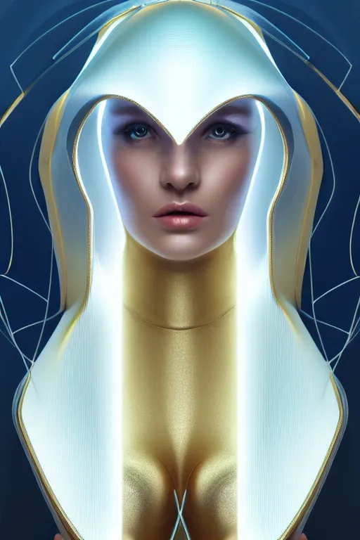 Image similar to detailed portrait glam cyber noun, attractive feminine curves, intricate, scifi, futuristic, elegant cape, elegant, alien room background, white, blue, gold, photorealism, trending on artstation, holy halo, advanced technology, art by moebius and vitaly bulgarov and chanthara