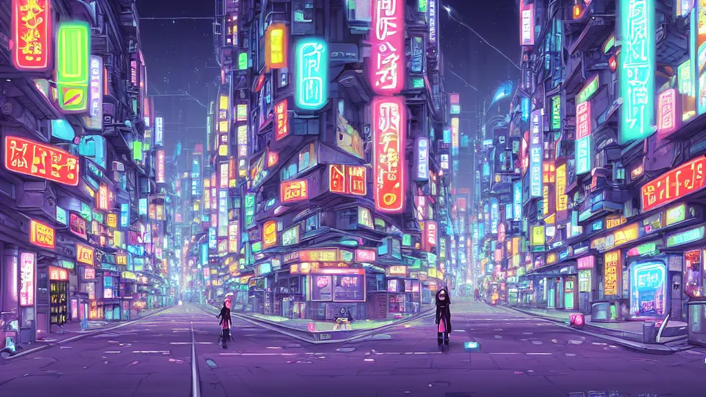 Image similar to street level view looking down the street of futuristic robot tokyo city at night by cyril rolando and naomi okubo and dan mumford and ricardo bofill. robots. robots walking the streets. advertisements for robots. robot shiba inu being walked by robots. robot city. neon advertisements.