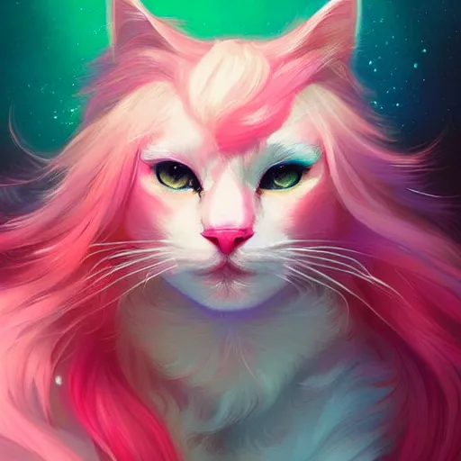 Image similar to colorful and festive cat with pink hair,. rich vivid colors, ambient lighting, dynamic lighting, 4 k, atmospheric lighting, painted, intricate, highly detailed by charlie bowater