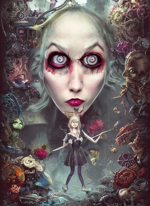 Image similar to alice in wonderland, angry, scary, cheeky, steampunk googles, highly detailed, cinematic, 8 k, by megan duncanson, benjamin lacombe, adrian borda, stanley artgermm, tom bagshaw, craig mullins, carne griffiths, ayami kojima, beksinski, giger, trending on deviantart, hyper detailed, horror, full of colour