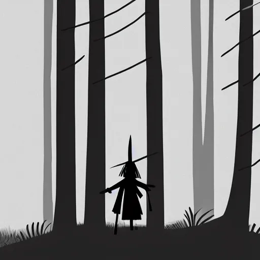 Prompt: samurai jack walks alone through the woods at night, gloomy, dark, foggy, night, ominous, dark color, atmospheric, cinematic lighting, intricate detail?