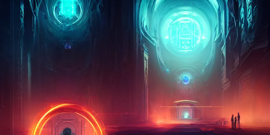 Prompt: portal to the ethereal realm, centered composition, intricate concept art, ethereal, ominous, mysterious, enchanted, magic, dramatic lighting, illuminated lines, outrun, vaporware, illuminated runes, cyberpunk darksynth, dark background, 8 k, octane render, by james paick and stephan martiniere and alphonse mucha