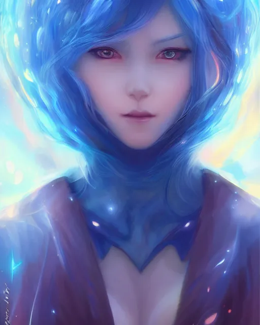 Image similar to A realistic anime portrait of a beautiful cosmic woman with glowing blue eyes and cosmic skin wearing clothes made of universes, digital painting, by Stanley Artgerm Lau, Sakimichan, WLOP and Rossdraws, digtial painting, trending on ArtStation, SFW version