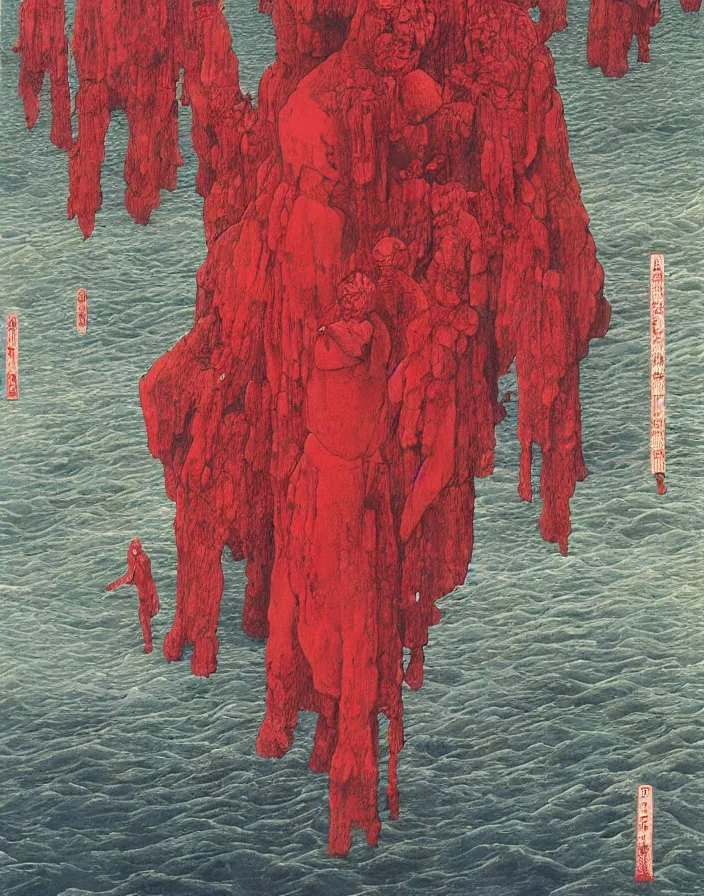 Prompt: worshippers in red robes belonging to the cult of the lighthouse clambering out of the water and entering the light house, high detailed beksinski painting, part by adrian ghenie and gerhard richter. art by takato yamamoto. masterpiece, deep colours, blue