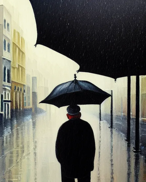 Prompt: a painting of an old man looking down the street, rain, an ultrafine detailed painting, by cabu, featured on deviantart, detailed painting, deviantart