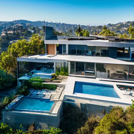 Prompt: Drone image of a 2 story contemporary house in the hills of Los Angeles. Viewed from the backyard infinity pool.