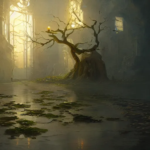 Prompt: Concept art, beautiful painting of a gingko tree, shining its light among candles, 8k, james gurney, greg rutkowski, john howe, artstation