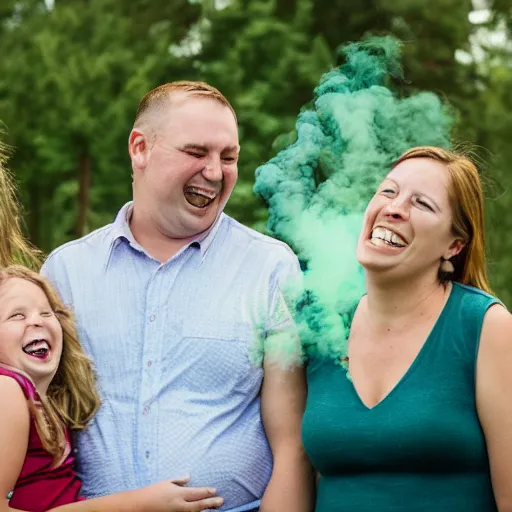 Prompt: toxic green smoke coming out of my belly, during a family photo, laughing