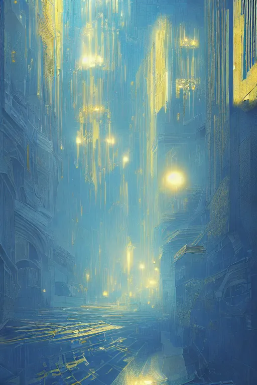 Image similar to art deco patterns, blue and gold, 8 k, powerfull, intricate, elegant, volumetric lighting, scenery, digital painting, highly detailed, artstation, sharp focus, illustration, concept art, ruan jia, steve mccurry, beksinski