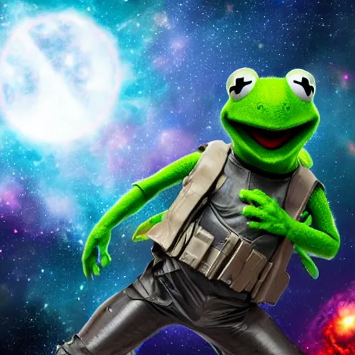 Prompt: the avengers battle one kermit the frog in space, galaxy, hd, 8 k, explosions, gunfire, lasers, giant, epic, showdown, colorful, realistic photo, unreal engine, stars, prophecy, epic oil painting, powerful, diffused lighting, destroyed planet, debris, justice league, movie poster, violent, sinister