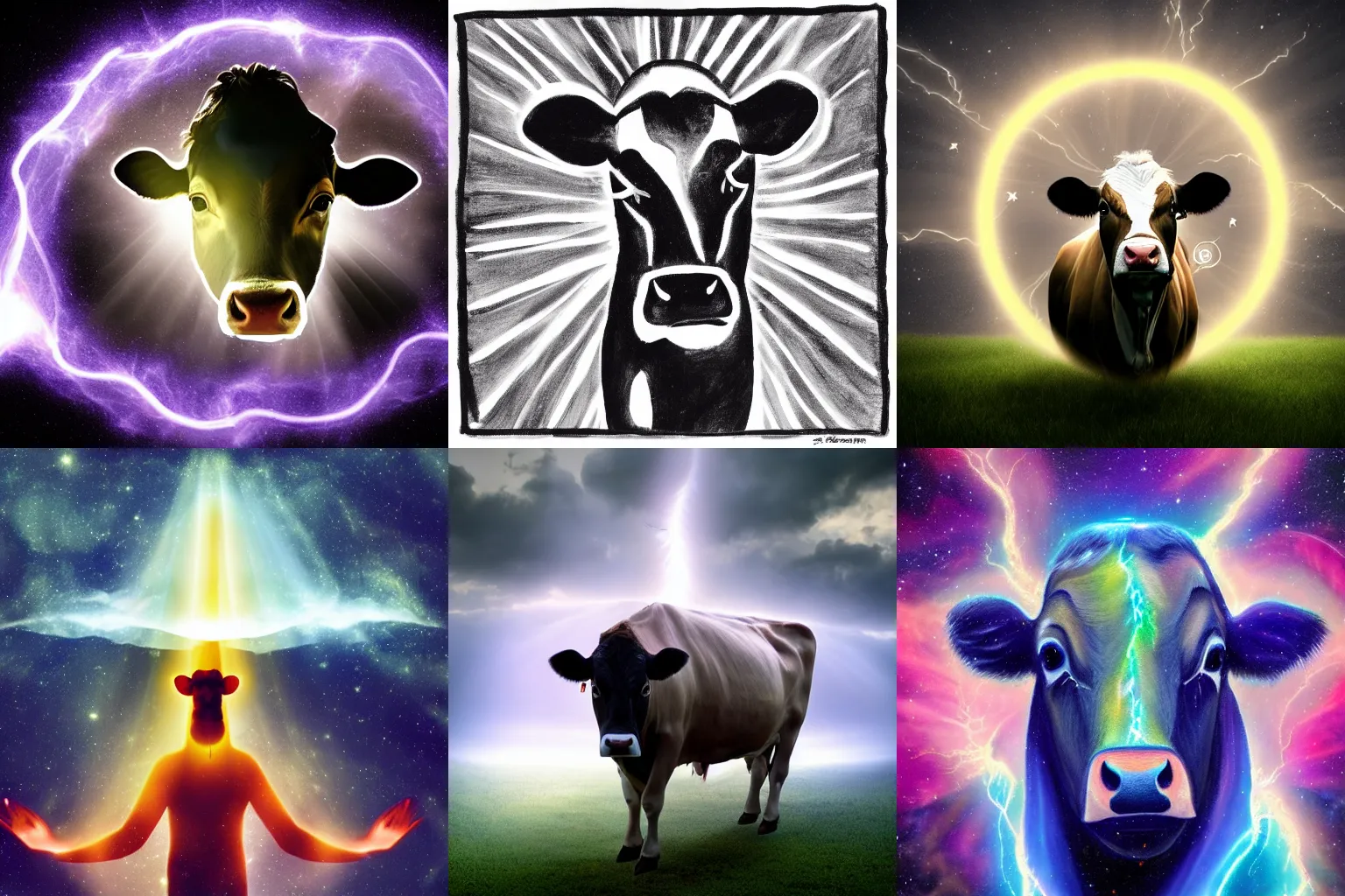 Prompt: cow, religious, halo, glowing, spiritual, transcendental, galaxy, lightning, fog, dramatic, god rays
