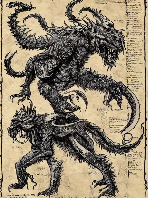 Image similar to ink illustration of a four legged beast, monster manual style, dungeons and dragons guidebook, tan parchment paper