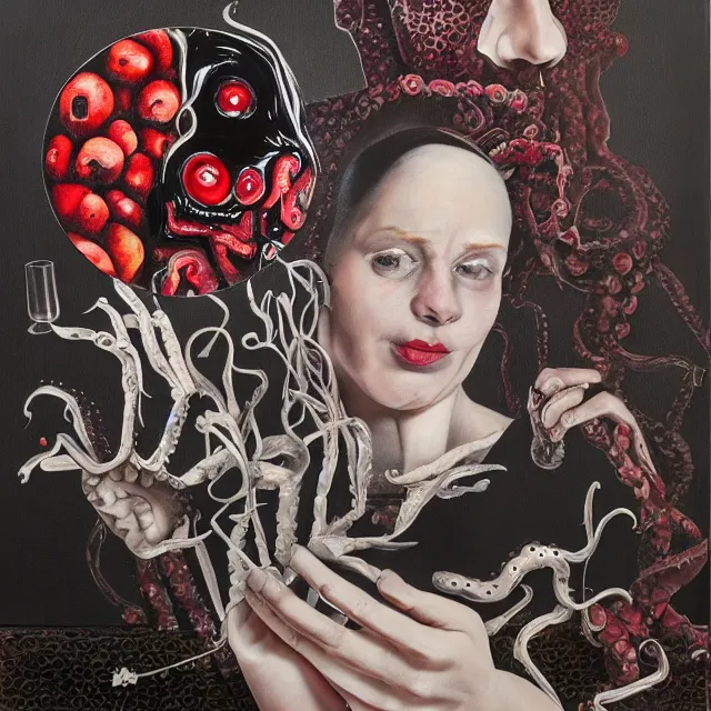 Prompt: apartment with black walls, portrait of a woman holding a brain, mangosteen, berries dripping juice, pomegranate, bones, sensual, computer chips, berries, octopus, scientific glassware, neo - expressionism, surrealism, acrylic and spray paint and oilstick on canvas