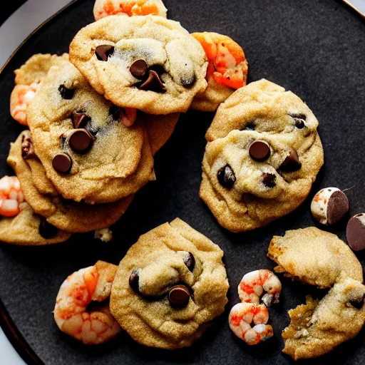 Image similar to a 5 0 mm macro shot of a plate of chocolate chip and prawn cookies