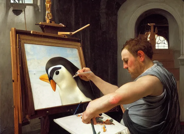 Image similar to a young painter in his studio painting a picture of a penguin, by edgar maxence and caravaggio and michael whelan and delacroix style, artistic, intricate drawing, cinematic lighting, hyper realistic, extremely detailed, establishing shot, 8 k resolution, dramatic lighting