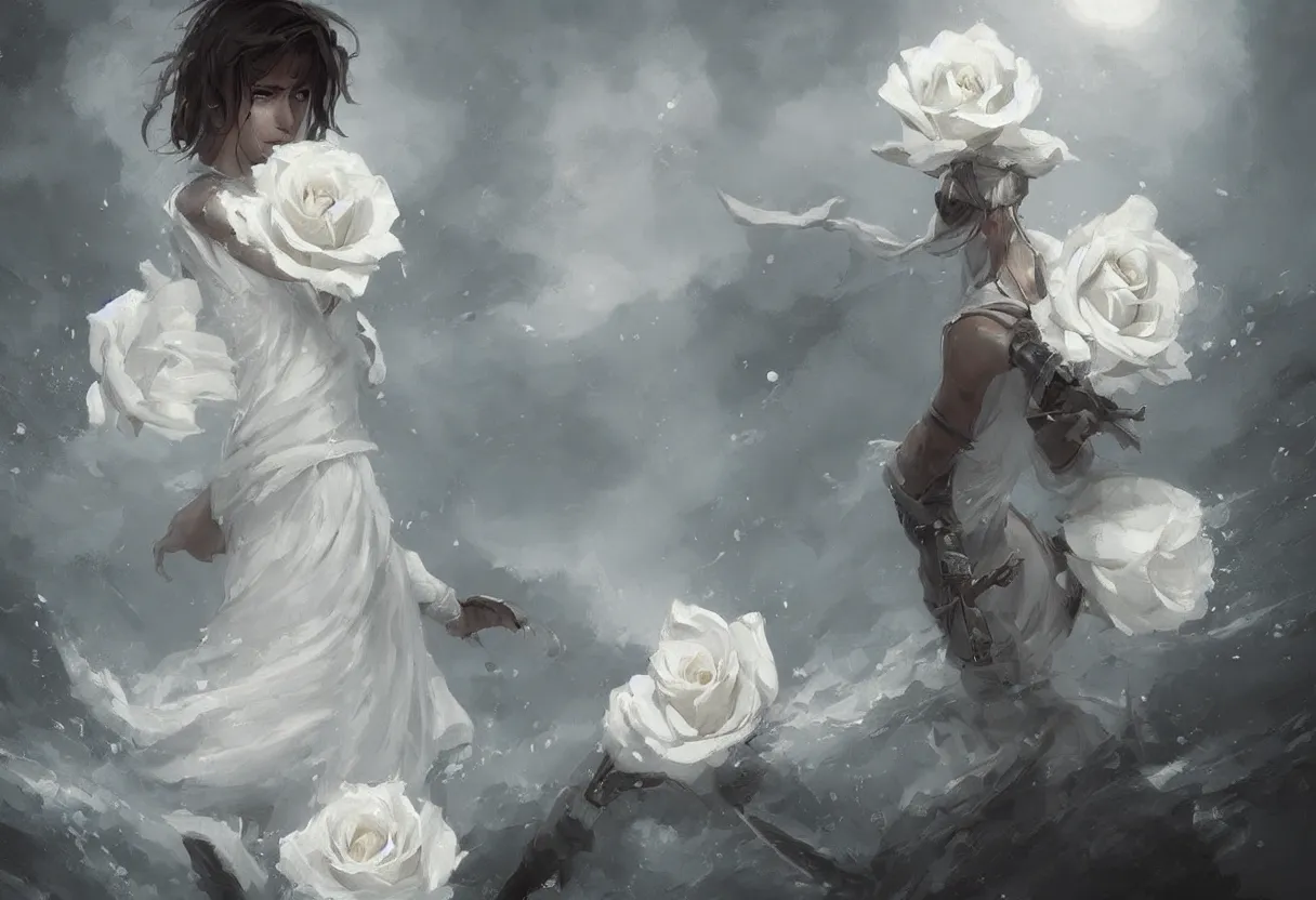 Prompt: a painting of a huge white rose romantic trending on artstation in the style of greg rutkowski